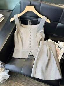 Flirla Plus Size Solid Color Button Decor Camisole And Pleated Skirt 2Pcs Set - Grey - View 4