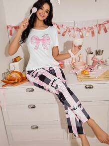 甜美蝴蝶结格子印花女士睡衣套装，休闲