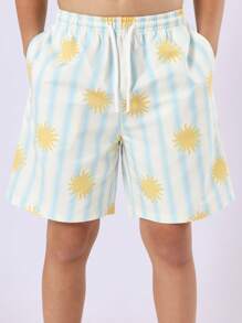 SUMWON 1 pezzo Pantaloncini da bagno estivi a righe, shorts da spiaggia, costumi da bagno, vita elastica, abbigliamento da spiaggia, stampa a tema solare