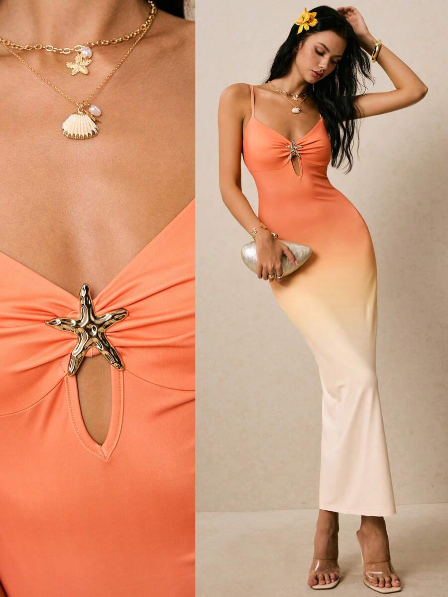 Poéselle Váy yếm hở lưng nhún bèo màu ombre cho nữ - trái cam - Xem 1