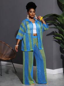 Slaydiva 大码2025新款时尚度假休闲镂空无领长袖开衫+阔腿裤蓝绿色针织两件套女毛衣套装 - 彩色 - 查看 4