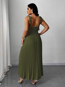 SHEIN Clasi Váy suông màu trơn không tay buộc nơ lãng mạn thanh lịch cỡ lớn cho nữ - xanh quân đội - Xem 2