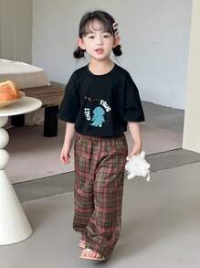 Dazy Kids 女童圆领针织印花短袖T恤+格子长裤休闲家居服套装，春夏款 - 黑色 - 查看 2