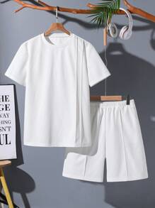 SHEIN Vintaside Kids Conjunto de camisetas casuales holgadas de tela con textura de gofre, cómodas, adecuado para uso casual diario, para adolescentes y hombres jóvenes
