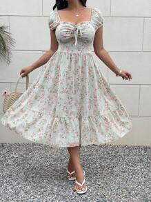 Sunnyshic Váy midi họa tiết hoa ngọt ngào cỡ lớn cho kỳ nghỉ dành cho nữ - Nhiều màu - Xem 3