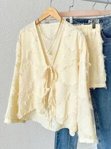 SHEIN 2Pcs Set Women Textured Fabric Shirt And Shorts Fall Cloth For Women - Apricot - View 6