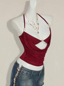 SHEIN ICON 女士休闲性感串珠装饰二合一上衣 - 酒紅色 - 查看 7