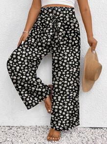 SHEIN Frenchy Plus Size Floral Print Casual Loose Pants, Suitable For Summer - Black - View 1