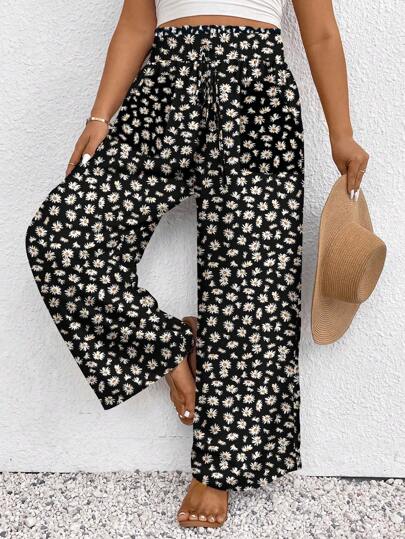 SHEIN Frenchy Plus Size Floral Print Casual Loose Pants, Suitable For Summer