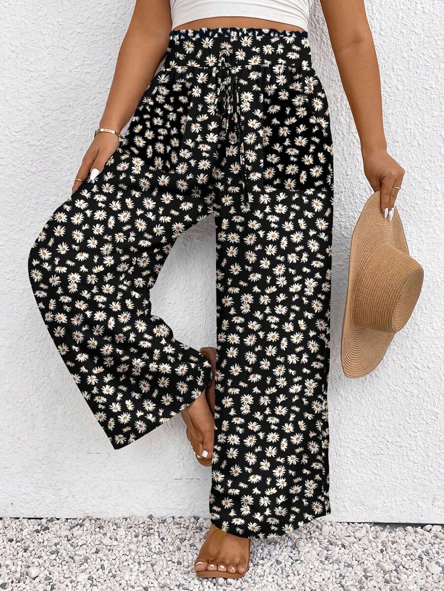 SHEIN Frenchy Plus Size Floral Print Casual Loose Pants, Suitable For Summer - Black - View 1