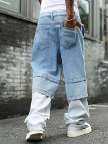 Manfinity EMRG Men's Contrasting Color Pocket Casual Loose Street Style Denim Jeans - Blue - View 3