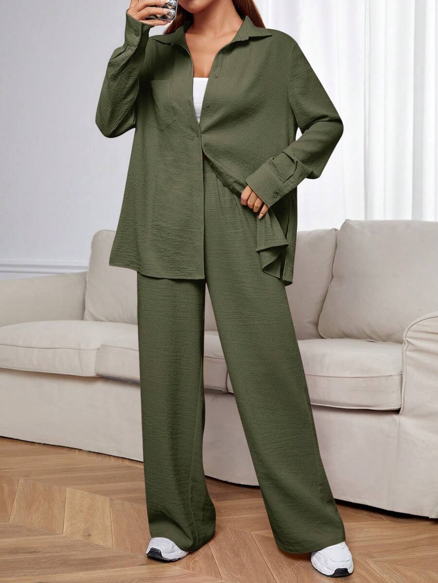 SHEIN EZwear Casual Green Two-Piece Outfit With Collared Blouse And Wide-Leg Trousers - Army Green - View 1