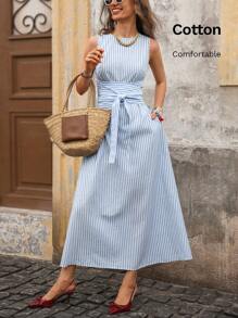 Solivie Classic Blue & White Stripe Sleeveless Maxi Wrap Dress, Casual Everyday Wear - Blue and White - View 1