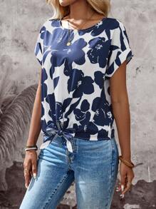 EMERY ROSE Women's Casual Tie-Front Short-Sleeve Blouse For Spring And Summer, Daily Basic Summer Vacation Going Out Work Tops For Summer - Multicolor - View 6