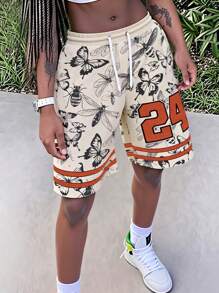 Slaydiva 2025 Spring/Summer Casual & Simple Women Sports Mesh Shorts With Number 24, Insect Butterfly Floral Print, Suitable For Sports, Summer Basketball Shorts,Bohemian Clothes