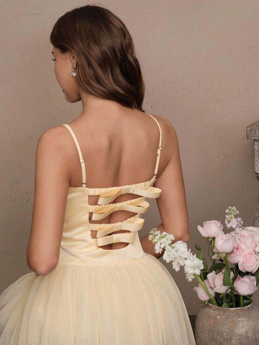 SHEIN Unity 夏季优雅纯色网眼拼接无袖连衣裙 - 黃色 - 查看 1