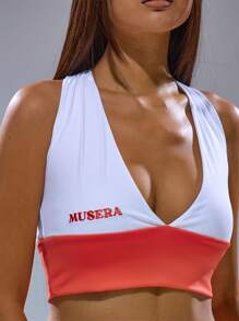 MUSERA Sleeveless V Neck Slogan Contrast Waistband Jersey Top Spring, Summer, Streetwear, Y2k, Cool Girl,City Muse Fall - Red and White - View 2