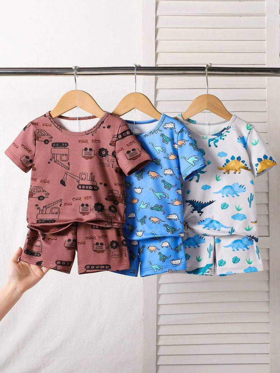 6 Stücke/Set Jungen Schlafanzug: Cartoon Galaxie & Ozean Tier Muster eng anliegendes T-Shirt und Shorts Set, Kleinkind - Verschiedenfarbig - Übersicht 1