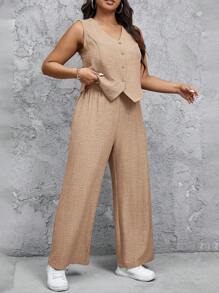 SHEIN Tall CURVE Conjunto de 2 piezas talla grande: Pantalones largos de estilo chaleco informal - Albaricoque - Ver 4