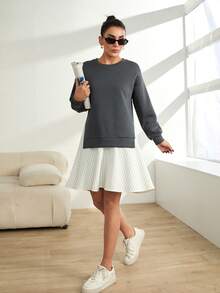 RueChic Oversize Matching Fabric Fleece Back Flare Peplum Sweatshirt Dress