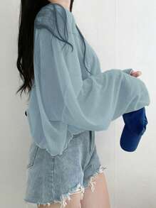 DAZY Women's Solid Color Loose Fit V-Neck Cropped T-Shirt, Spring/Summer Preppy Tops Long Sleeve Women Tops,Fall Women Clothes - Blue - View 2