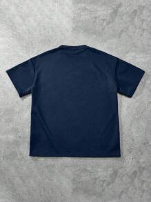 Manfinity Hypemode Men's Navy Blue Summer Casual Streetwear T-Shirt,Suede-Like Fabric Embossed Pattern,City Break Relaxed Dropped Shoulder Oversized Minimalist Tee - Navy Blue - View 2