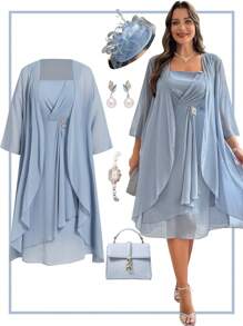 Ellevyn Plus Size Elegant And RomanticChiffon Two Pieces Set: Summer Elegant Flowing Chiffon Coat And Multi-Layered Ruffled Chiffon Waist Rhinestone Decoration Dress Spring/Summer Outfits For Women - Baby Blue - View 2