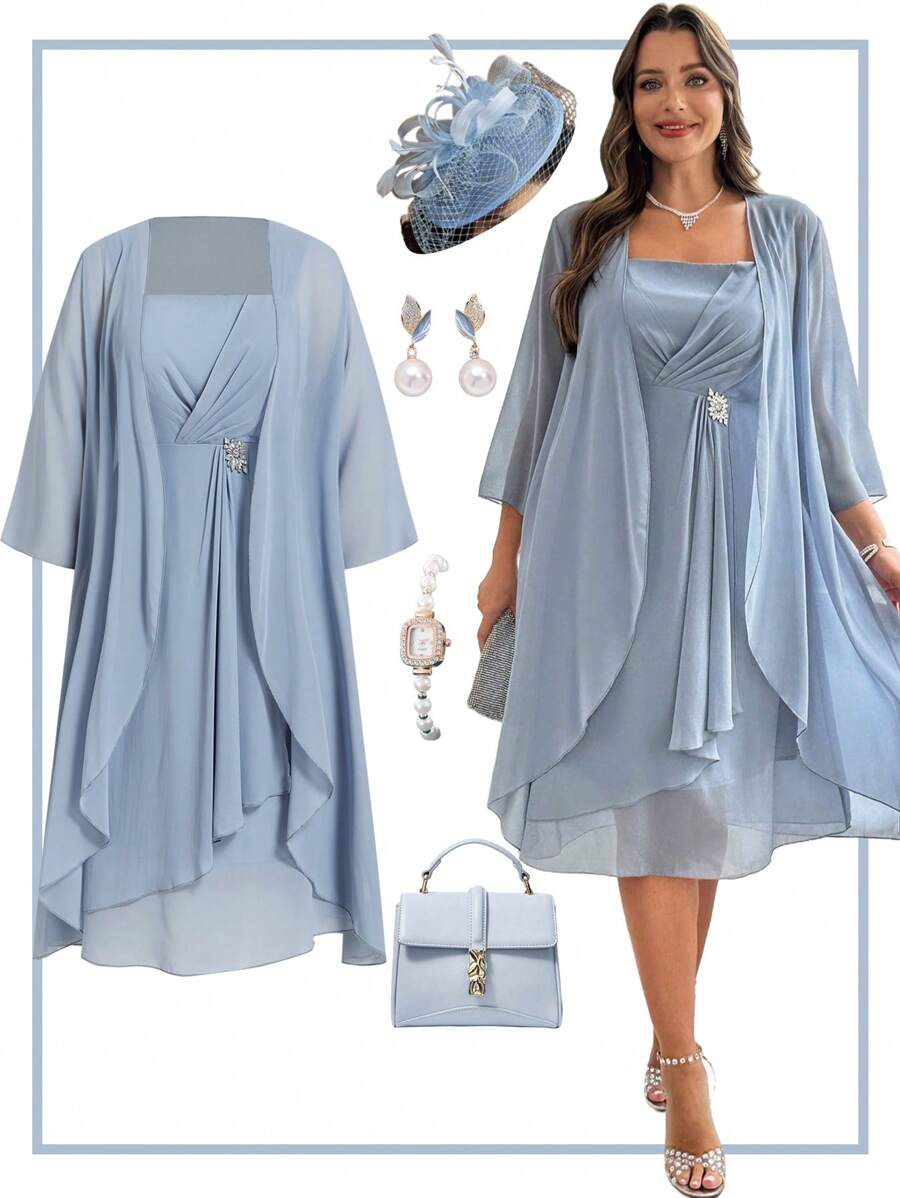 Ellevyn Plus Size Elegant And RomanticChiffon Two Pieces Set: Summer Elegant Flowing Chiffon Coat And Multi-Layered Ruffled Chiffon Waist Rhinestone Decoration Dress Spring/Summer Outfits For Women