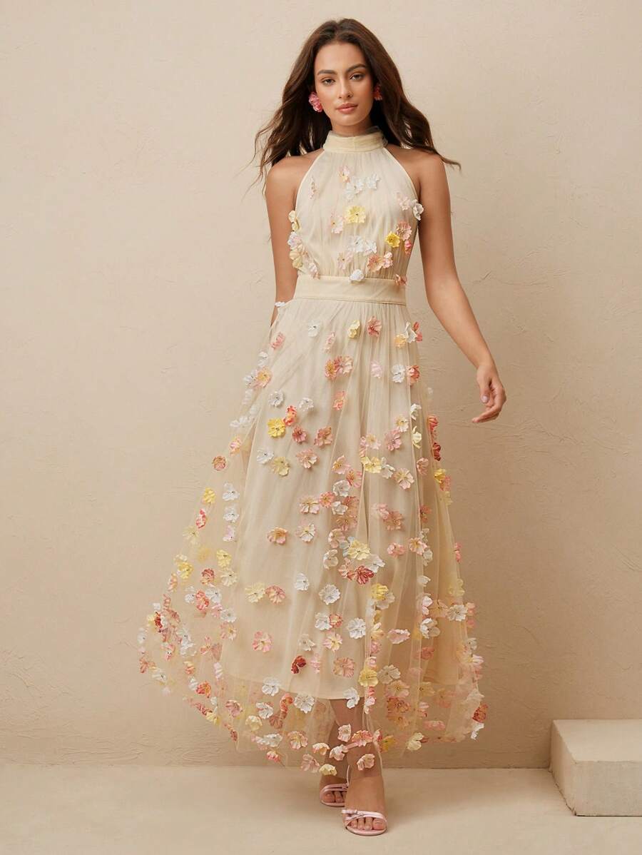 Anewsta Robe trapèze sans manches avec décoration florale 3D