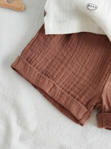 SHEIN Vintaside Kids Baby Boys 2-Piece Set For Summer, Includes Cute Cartoon Bear Print Collared Short Sleeve Cardigan Top And Matching Solid Color Shorts, Adorable And Fun Outfit For Casual Outings, Homewear, Sports Activities, And Parties - Multicolor - View 5