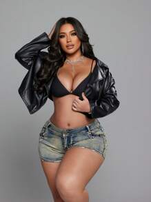 NU&NOW Plus Size Women's Autumn/Winter Motorcycle PU Leather Zip-Up Short Jacket, Casual & Commute - Black - View 3