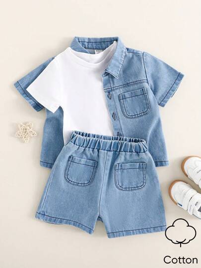 SHEIN 2 件装男婴/幼儿水洗牛仔衬衫夹克带口袋和牛仔短裤套装，时尚、可爱、百搭的服装，适合春夏户外玩耍或休闲穿着