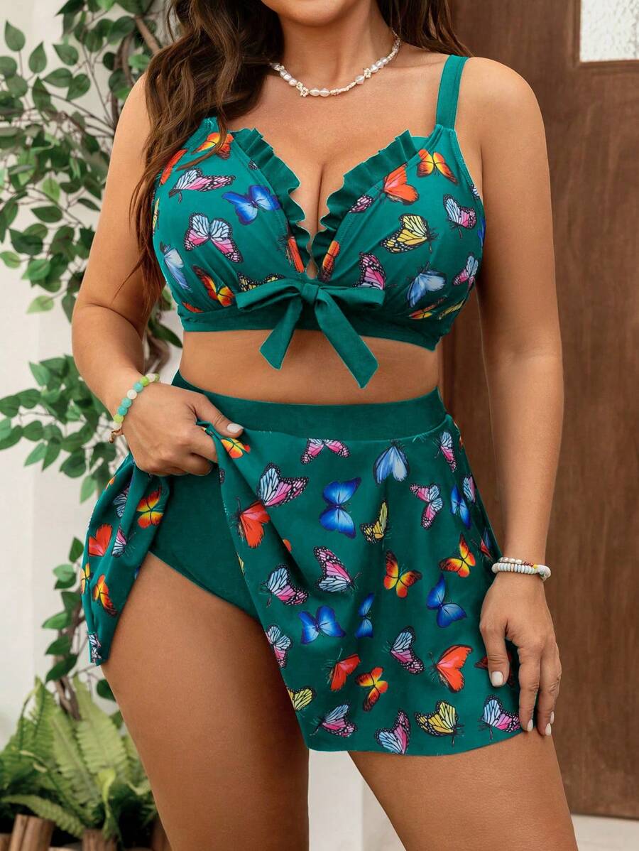 Swim Mod 2 件套加大码女式蝴蝶印花荷叶边下摆分体泳衣套装，休闲度假日常穿着