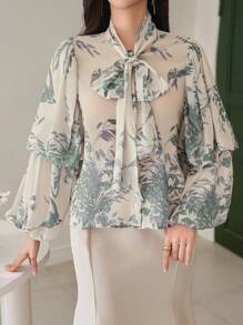 DAZY 女士优雅花卉泡泡袖灯笼袖领结衬衫，春季、秋季女装长袖上衣