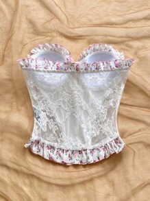 Soleia Top de tirantes de encaje con estampado floral en tonos rosas, apropiado para playa, citas, fiestas, festivales de música, estilo ballet, uso diario - Multicolor - Ver 2