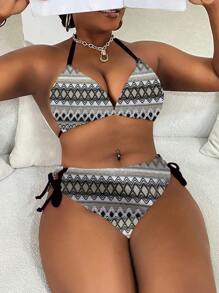 Slaydiva Plus Size Women 2pcs Set Textured Fabric Tied Triangle Sexy Bikini Swimsuit Set, Beach Vacation