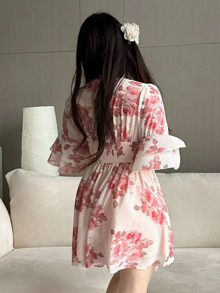 Dazy Plus Floral Print V-Neck Ruffle Sleeve Short Summer Vacation Dress Boho