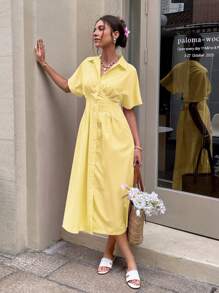 Serisse Women's Summer Striped Bat Sleeve Pleat Casual Shirt Midi Dress New Year - Yellow - View 6