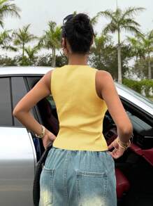 SHEIN EZwear Summer Sleeveless Cardigan With Metallic Decor, Yellow Top - Yellow - View 2