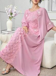 Al Najma 春夏船领3D花卉土耳其和阿拉伯传统长袍 - 粉色 - 查看 6