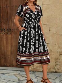 EMERY ROSE Đầm thường ngày in hình học cỡ lớn cho nữ tay ngắn có túi - màu đen - Xem 3