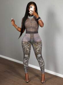 Slaydiva 2025 Quần bó nữ phong cách Punk cổ đứng tay ngắn, họa tiết denim toàn thân, họa tiết Baroque, lưới, giản dị, gợi cảm, phong cách đường phố mùa hè mới 2025-B - Nhiều màu - Xem 4