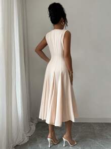 Rafferiza 女式纯色 V 领无袖褶皱优雅中长连衣裙，夏季 - 杏色 - 查看 2