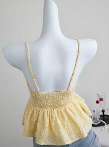 Elamini 黄色编织提花面料露背娃娃背心上衣，高腰海滩优雅可爱性感休闲派对日常装，适合女士夏季 - 黃色 - 查看 7