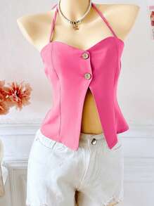 Women's Sexy Front Button Backless Halter Neck Top, Summer - Hot Pink - View 6