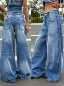 SHEIN EZwear 女士休闲日常水洗铆钉宽松阔腿牛仔裤