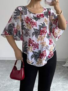 Elenzga Women's Floral Print Round Neck Frill Sleeve Fashion Shirt, Vacation Wear - Multicolor - View 6