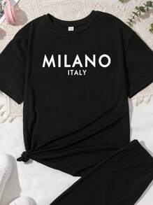 少女休闲简约经典“MILANO ITALY”图案印花短袖圆领两件套，适合夏季