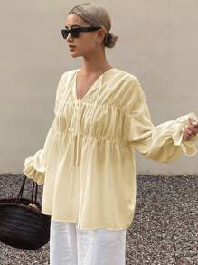 Livesso Nuova camicia da donna con laccetti a fiocco, stile rilassato e casual da spiaggia e resort