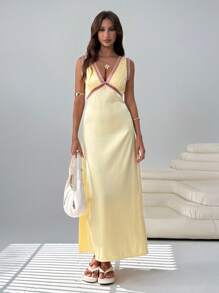 SHEIN EZwear 女士黄色无袖深V领超长性感连衣裙 - 黃色 - 查看 4